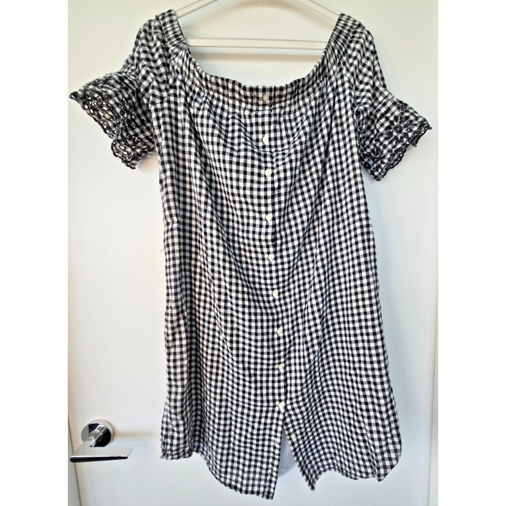 Old Navy Dress L Open Shoulder Gingham Buttons Floral Mesh Bell Short Sleeves